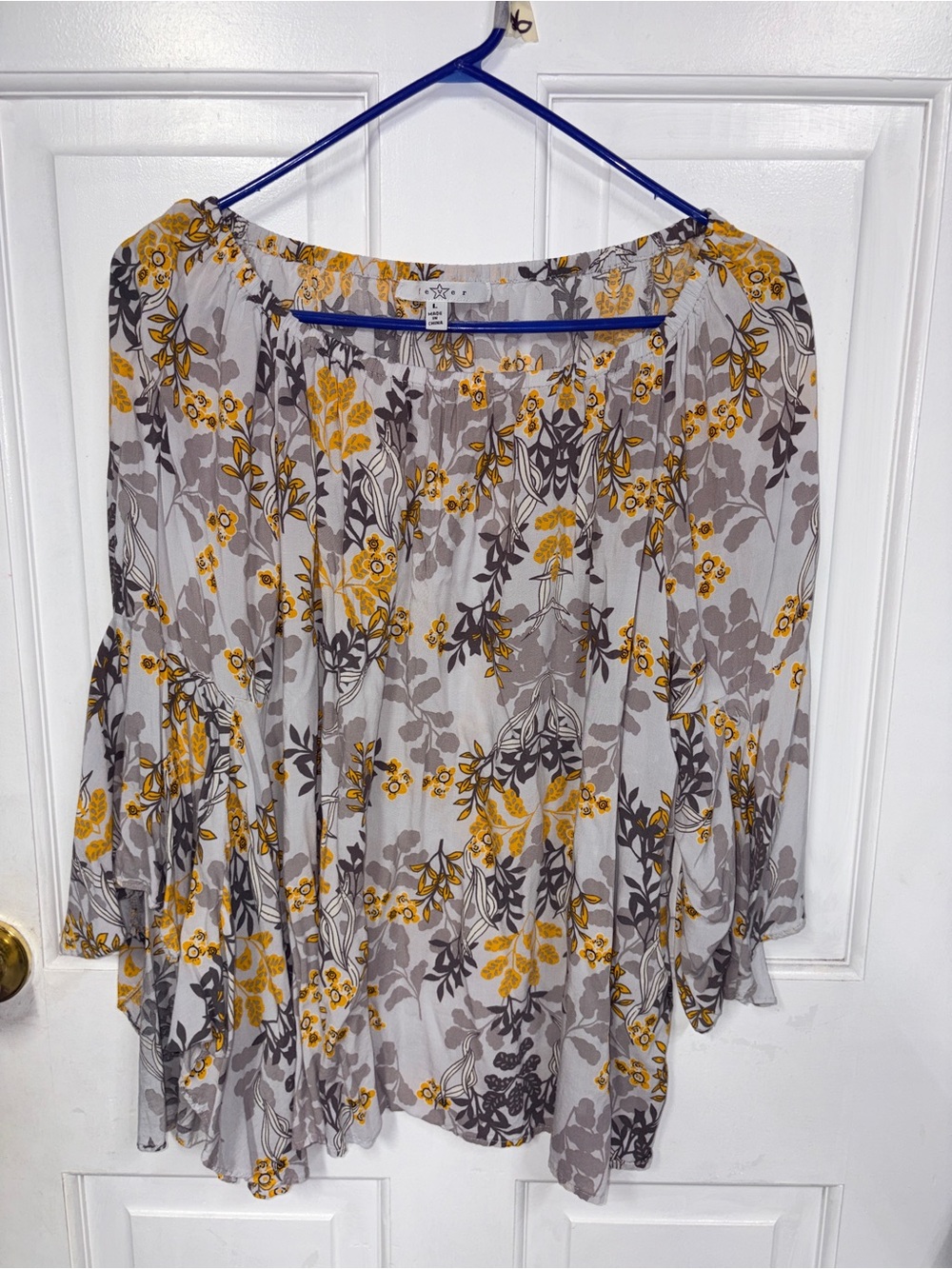 Fever Off-Shoulder Floral Tunic in Mustard and Gray